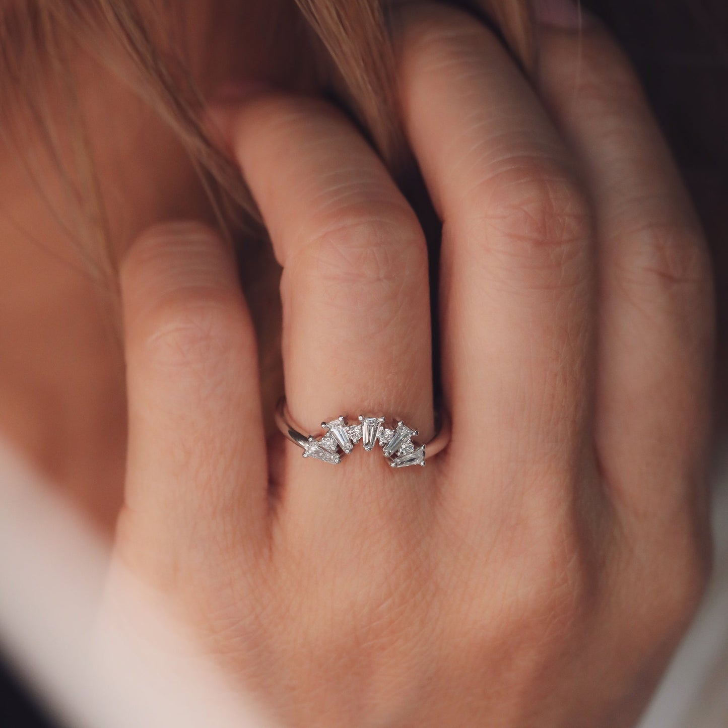 0.48 TCW Tapered Baguette & Round Shaped Curved Moissanite Wedding Band