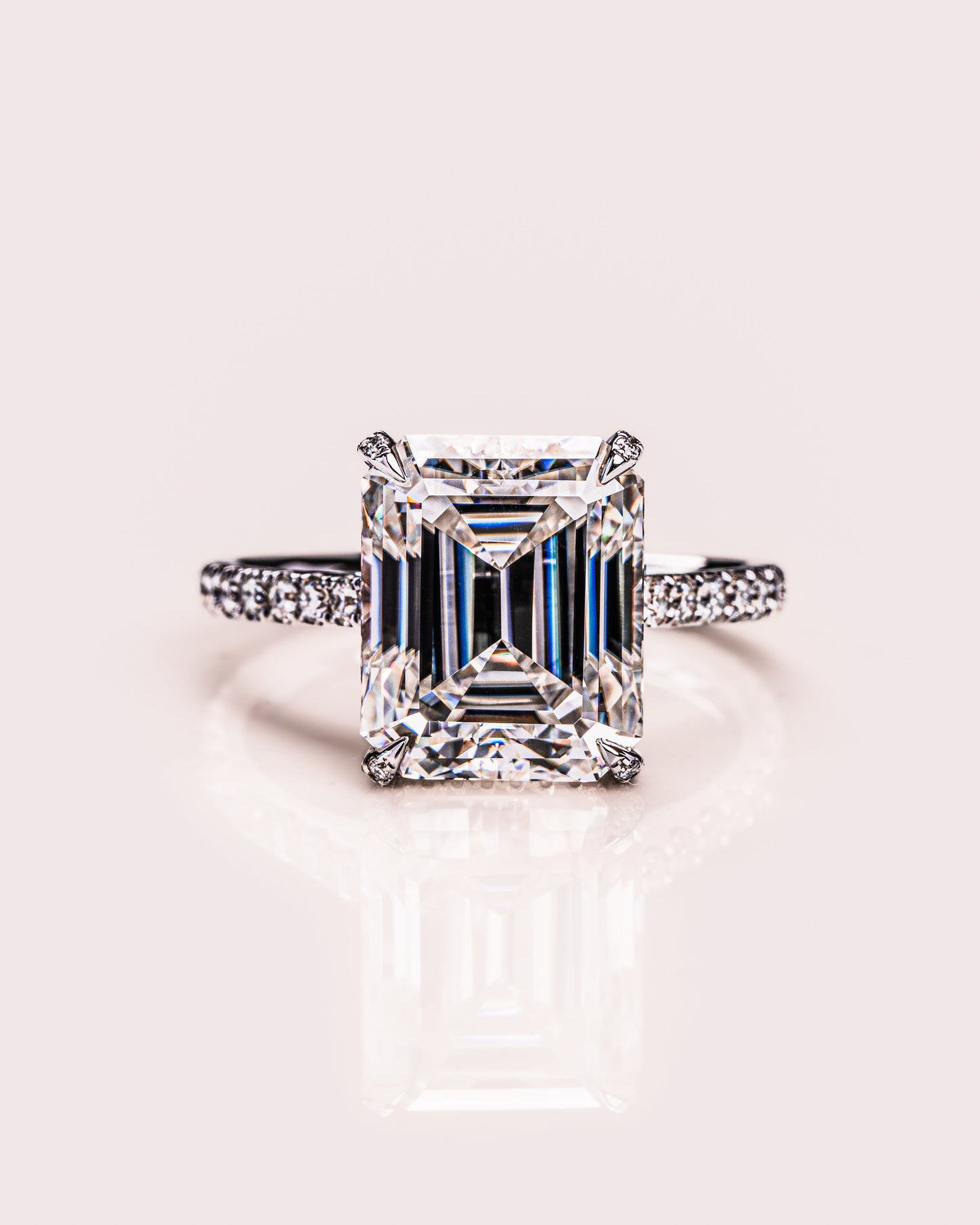 3.42 CT Emerald Cut Moissanite Engagement Ring With Hidden Halo Setting