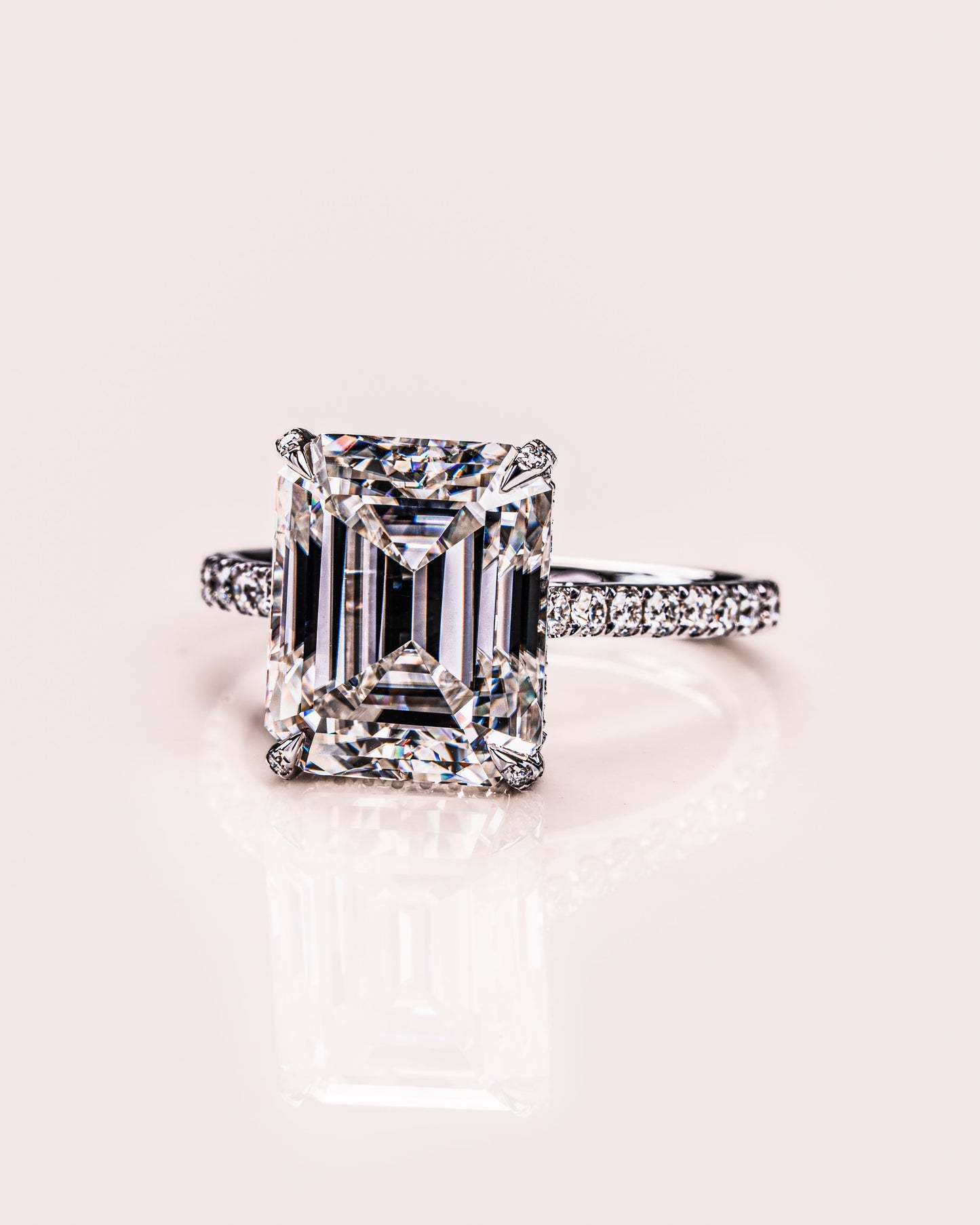 3.42 CT Emerald Cut Moissanite Engagement Ring With Hidden Halo Setting