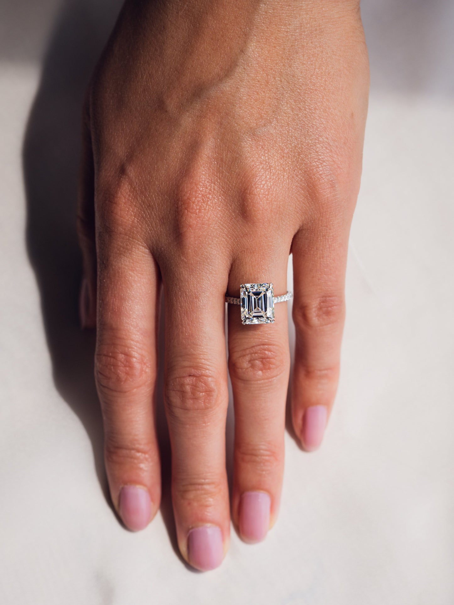 3.42 CT Emerald Cut Moissanite Engagement Ring With Hidden Halo Setting