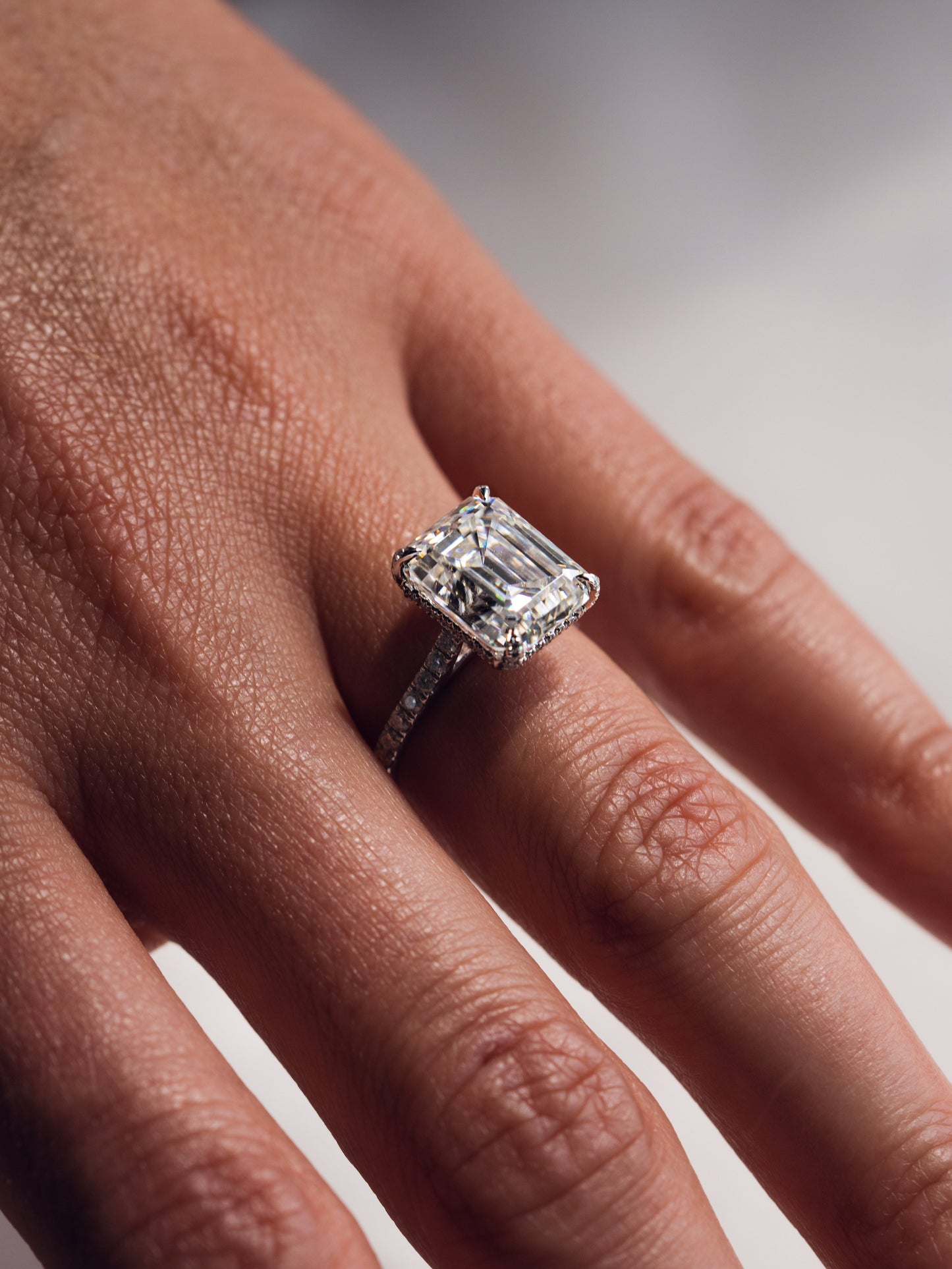 3.42 CT Emerald Cut Moissanite Engagement Ring With Hidden Halo Setting