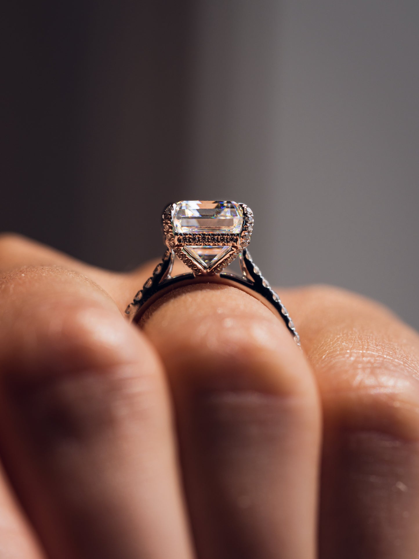 3.42 CT Emerald Cut Moissanite Engagement Ring With Hidden Halo Setting