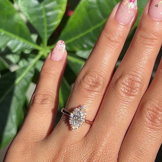 0.7 CT Marquise Cut Halo Style Moissanite Bridal Ring Set