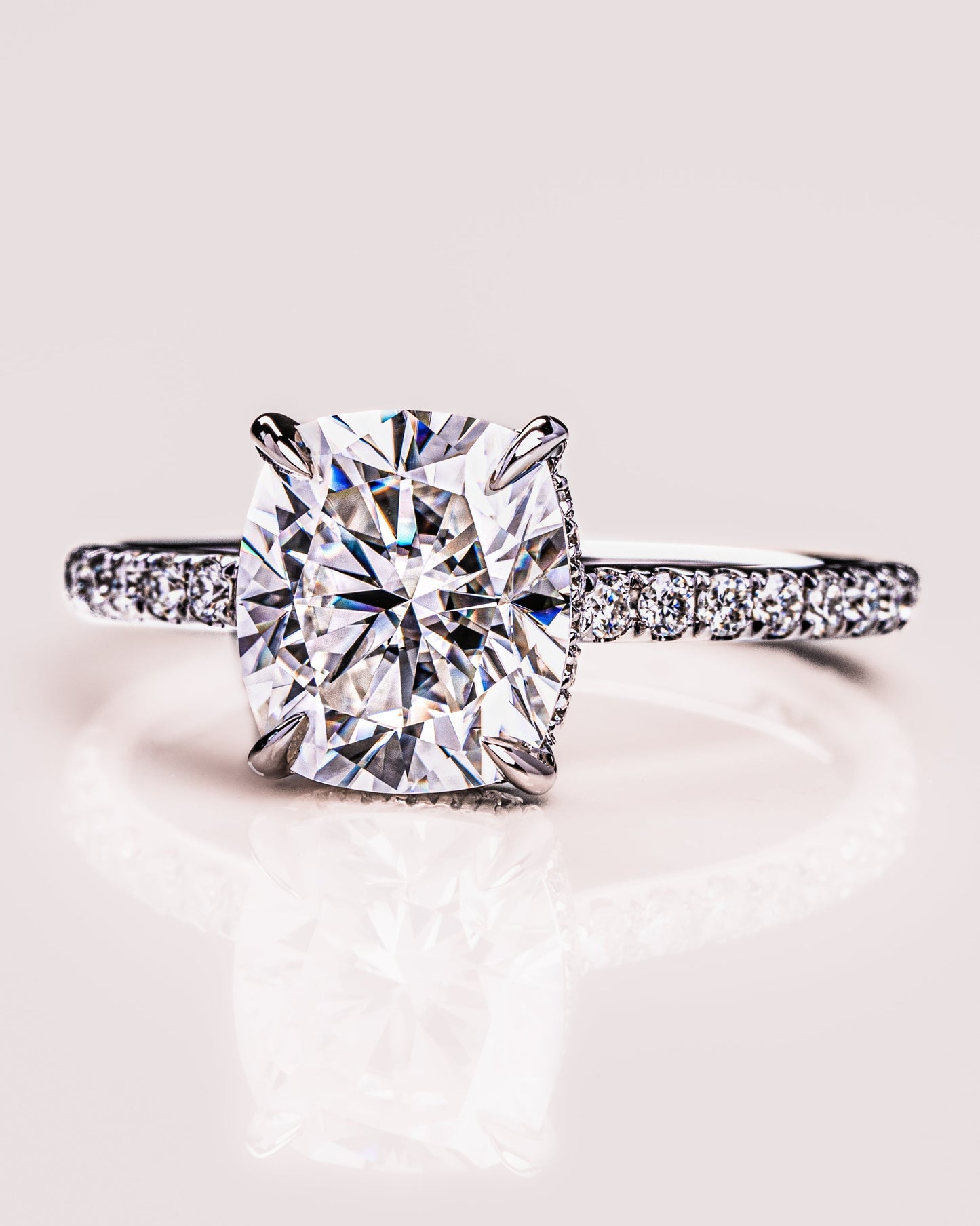 0.96 CT Cushion Moissanite Engagement Ring With Hidden Halo & Pave Setting