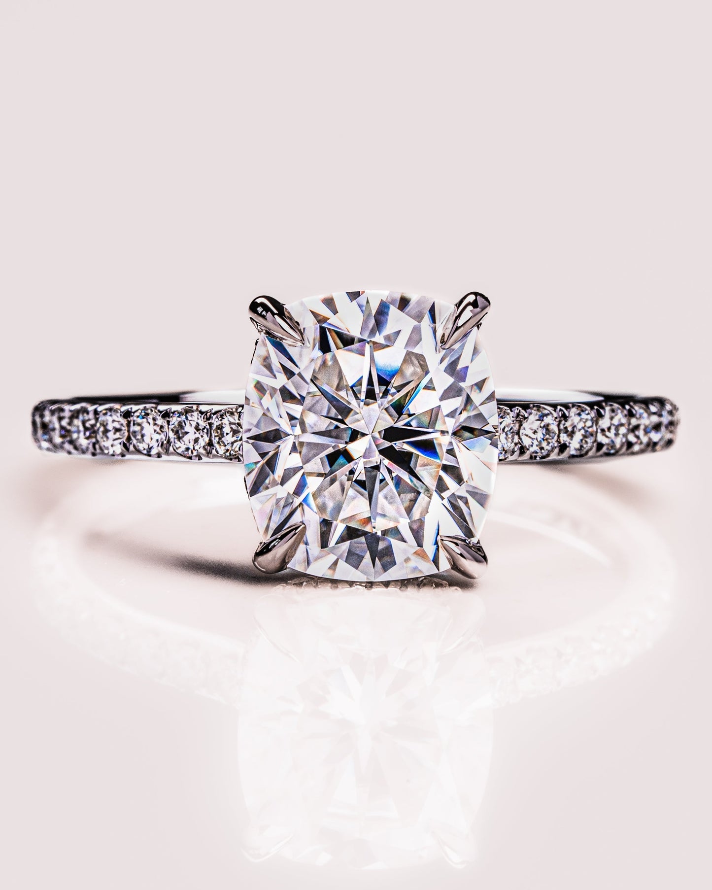 0.96 CT Cushion Moissanite Engagement Ring With Hidden Halo & Pave Setting