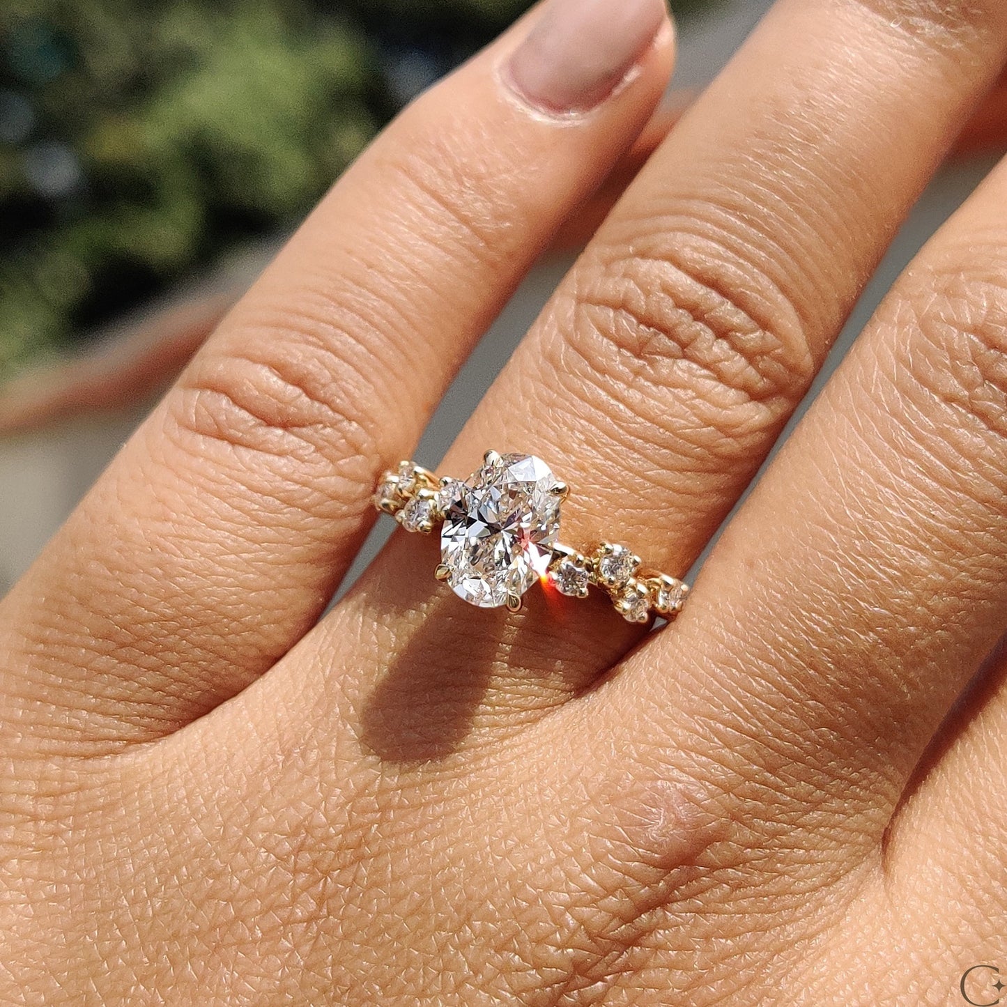 Oval Shape Engagement Ring with Zig Zag Band in Gold