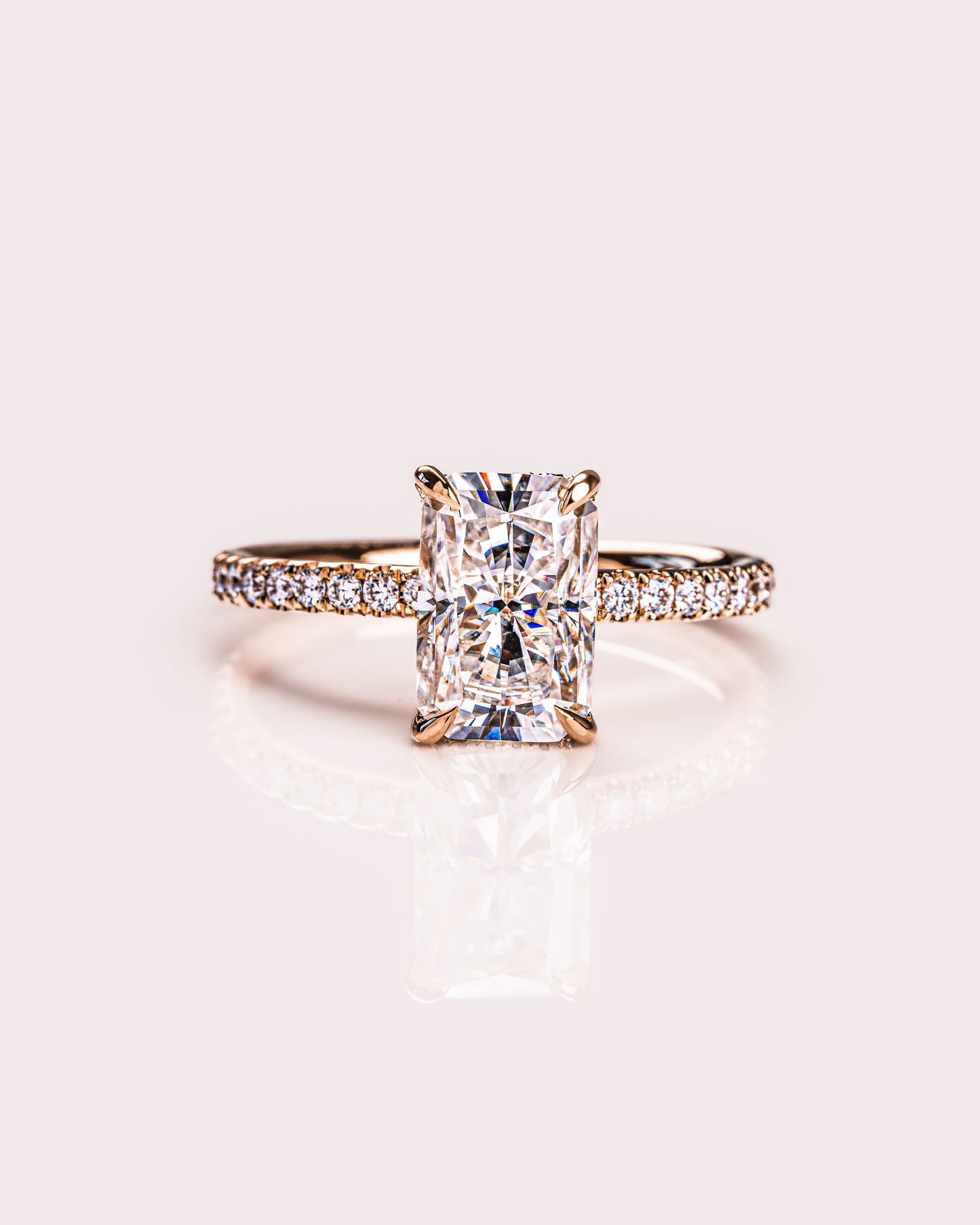 2.43 CT Radiant Cut Moissanite Engagement Ring With Hidden Halo Setting