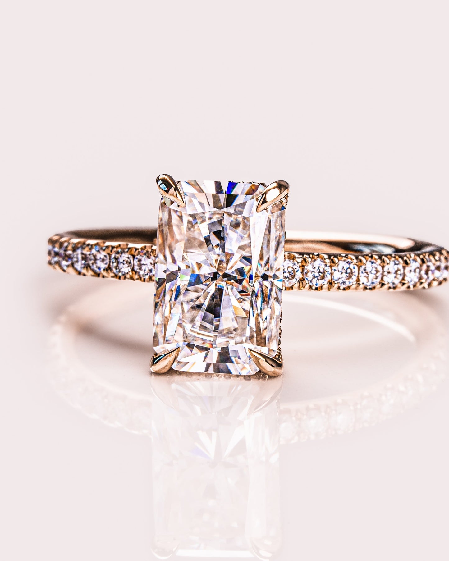 2.43 CT Radiant Cut Moissanite Engagement Ring With Hidden Halo Setting