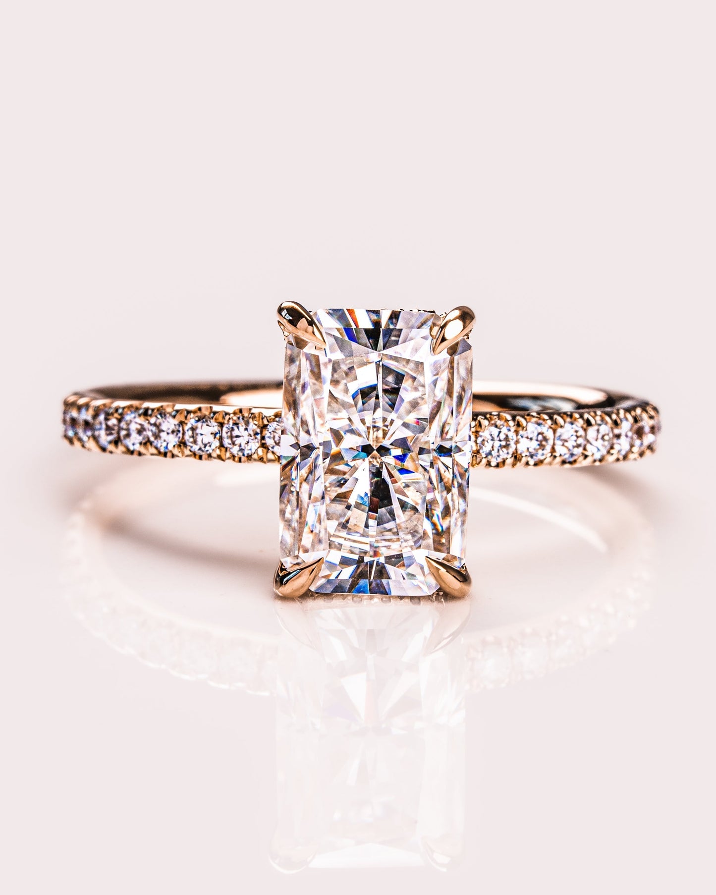 2.43 CT Radiant Cut Moissanite Engagement Ring With Hidden Halo Setting