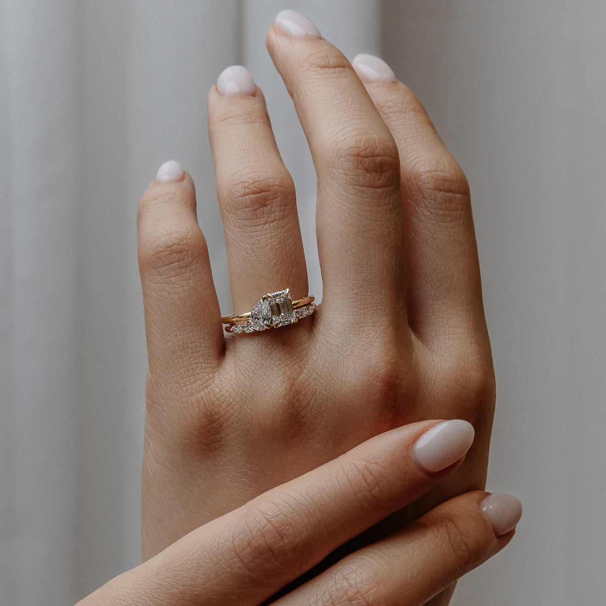 1.47 TCW Emerald & Pear Shaped Toi Et Moi Moissanite Engagement Ring