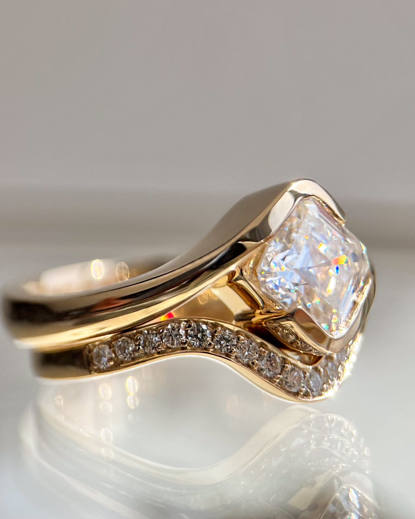 1.5 CT Asscher Moissanite Curved Shank Engagement Ring WIth Regular Pave Stacking Band