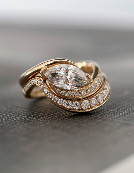 1 CT East-West Marquise Cut Curved Moissanite Ring With Bold Pave Band