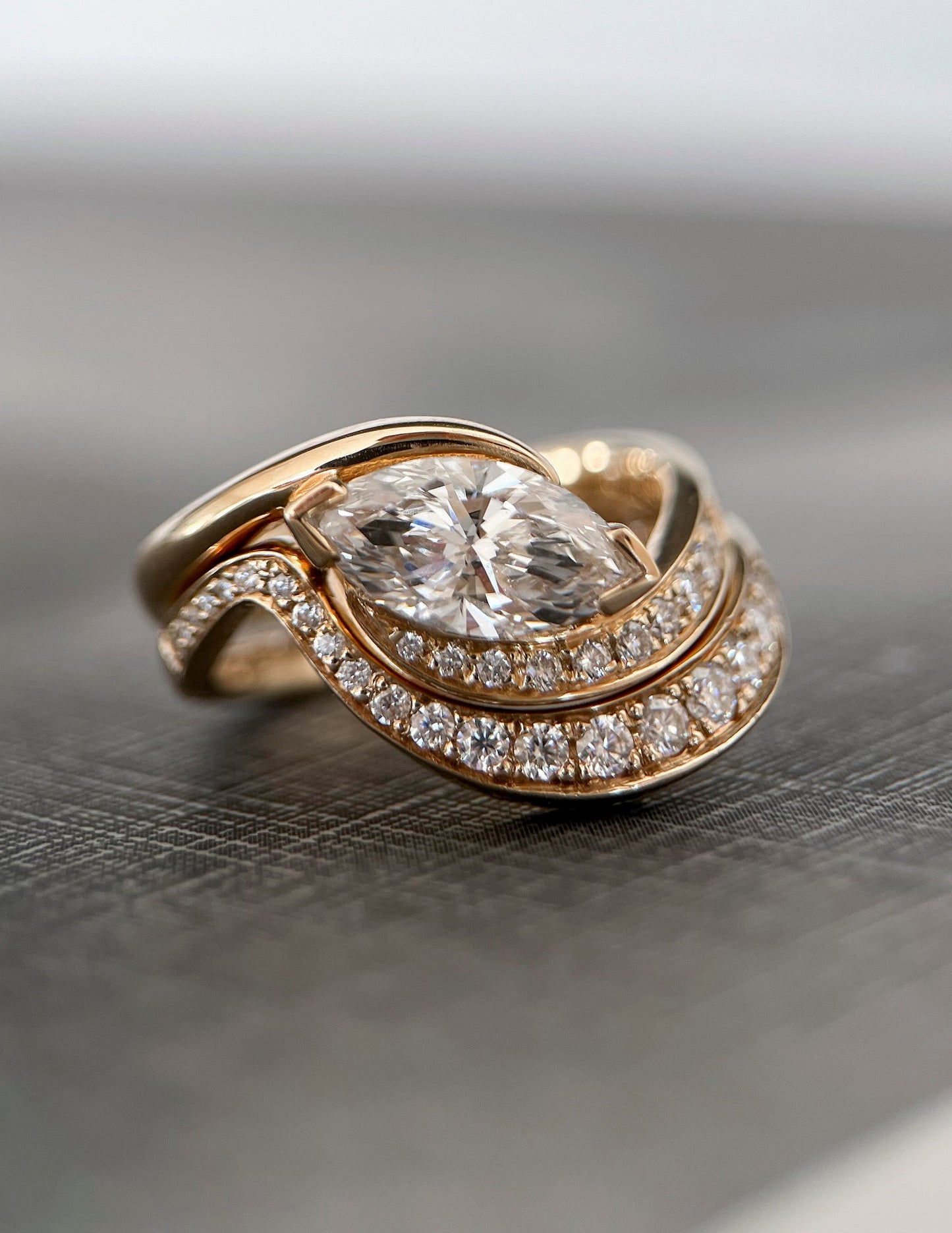 1 CT East-West Marquise Cut Curved Moissanite Ring With Bold Pave Band