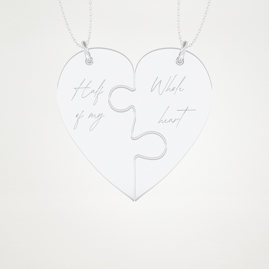 Custom Engraved Split Heart Puzzle Pendant Necklace – 14K/18K Gold & 925 Silver 1