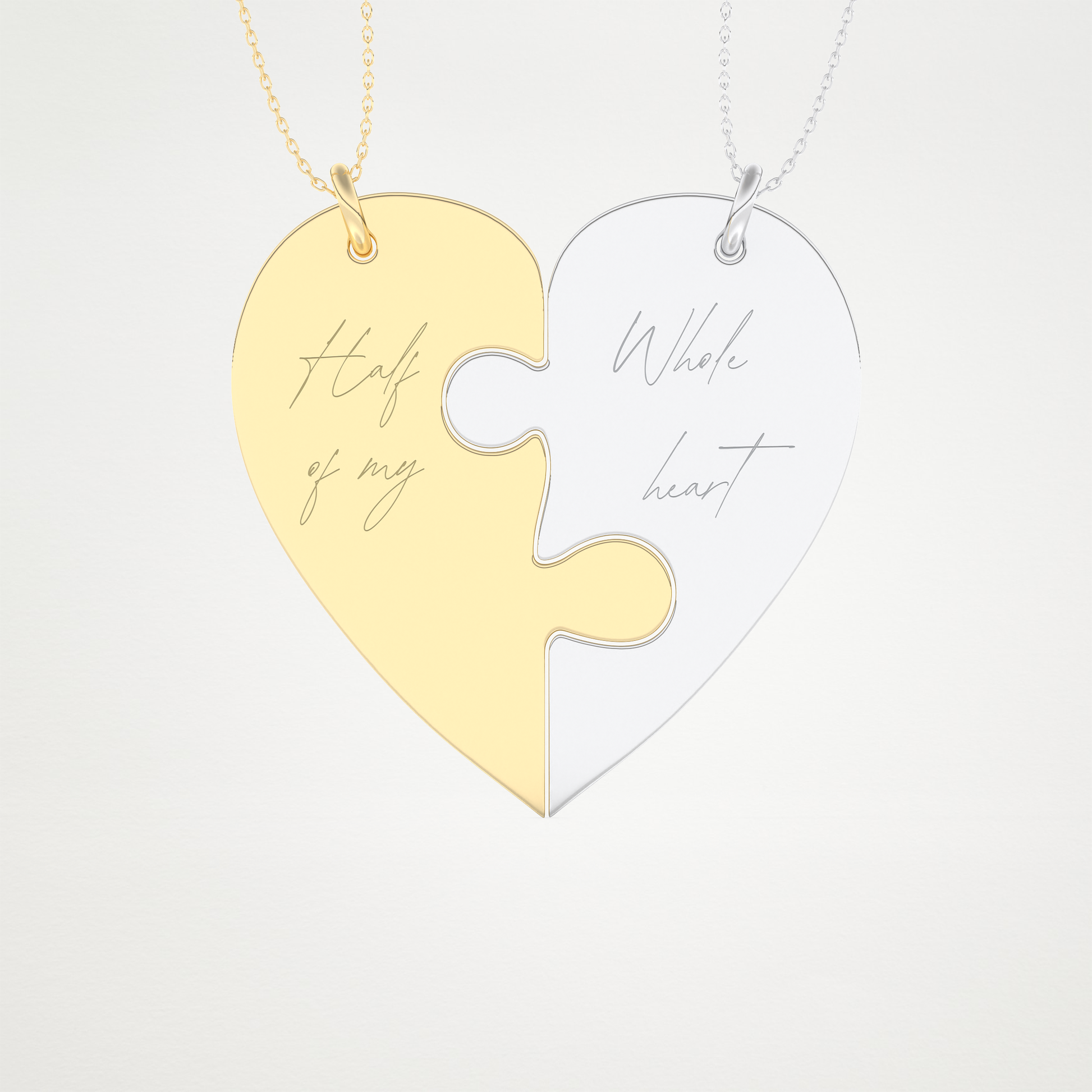Custom Engraved Split Heart Puzzle Pendant Necklace – 14K/18K Gold & 925 Silver 12
