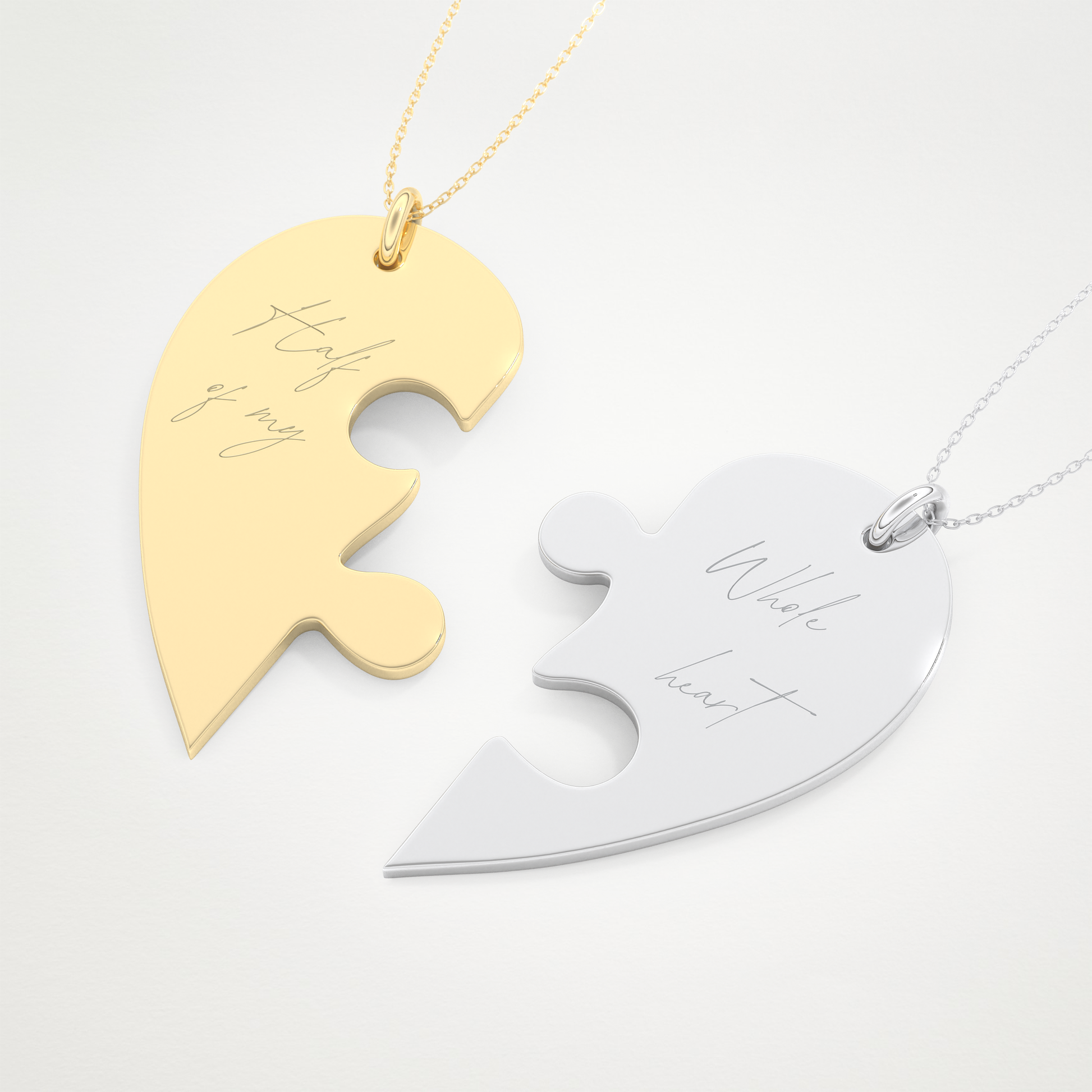 Custom Engraved Split Heart Puzzle Pendant Necklace – 14K/18K Gold & 925 Silver 11