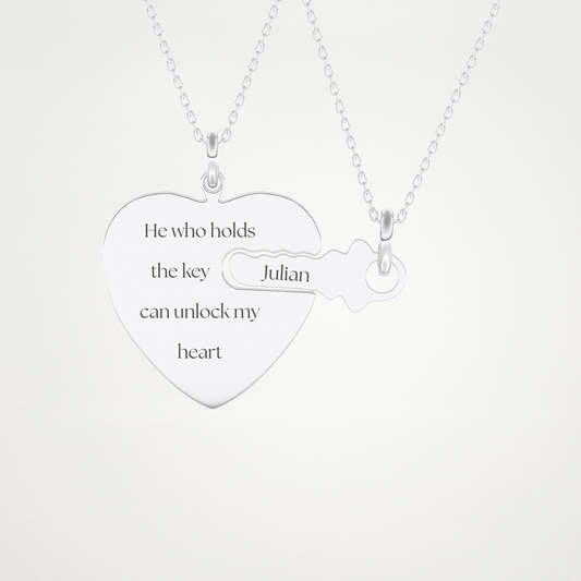 Custom Heart and Key Matching Necklace Set – 14K/18K Gold & 925 Silver 1