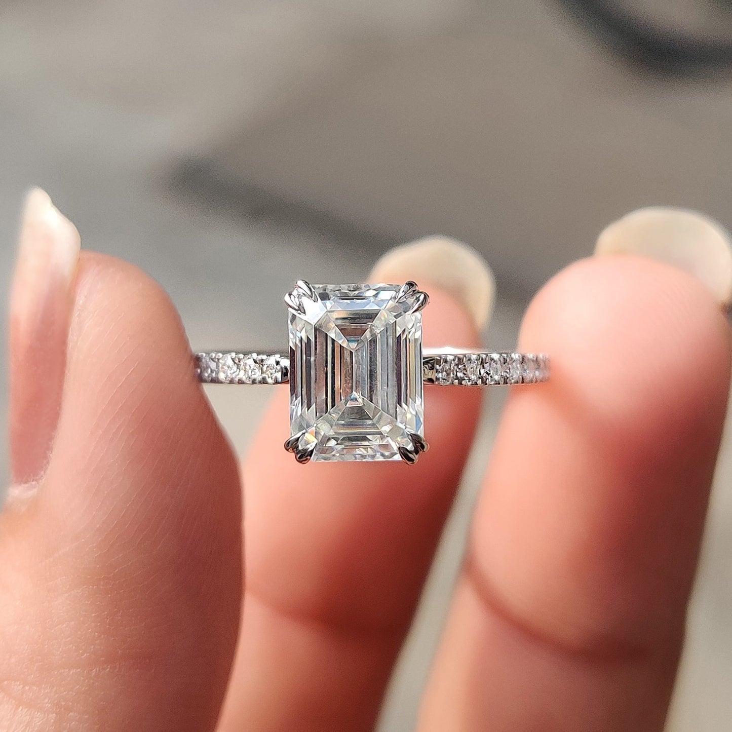 Emerald Cut Moissanite Under Halo Engagement Ring