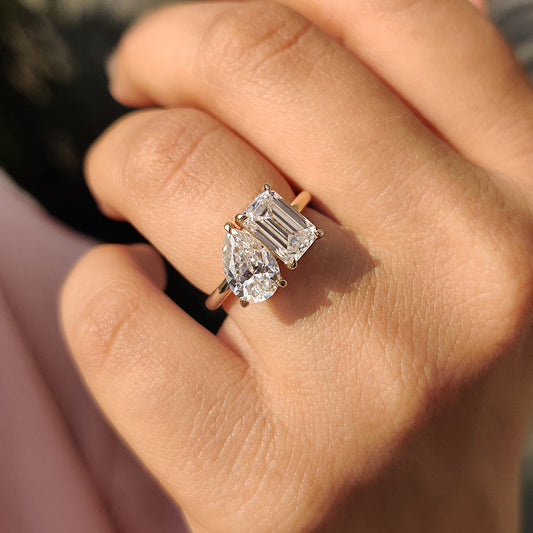 Pear and Emerald Cut Two Stone Engagement Ring
