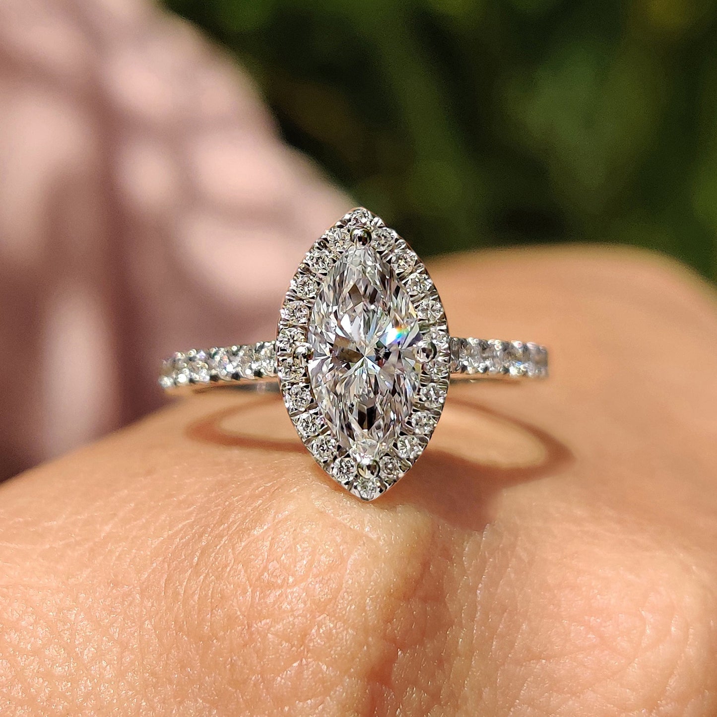 Marquise Diamond Ring With Round Cut Halo Pave Setting