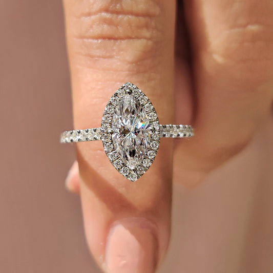 Marquise Diamond Ring With Round Cut Halo Pave Setting