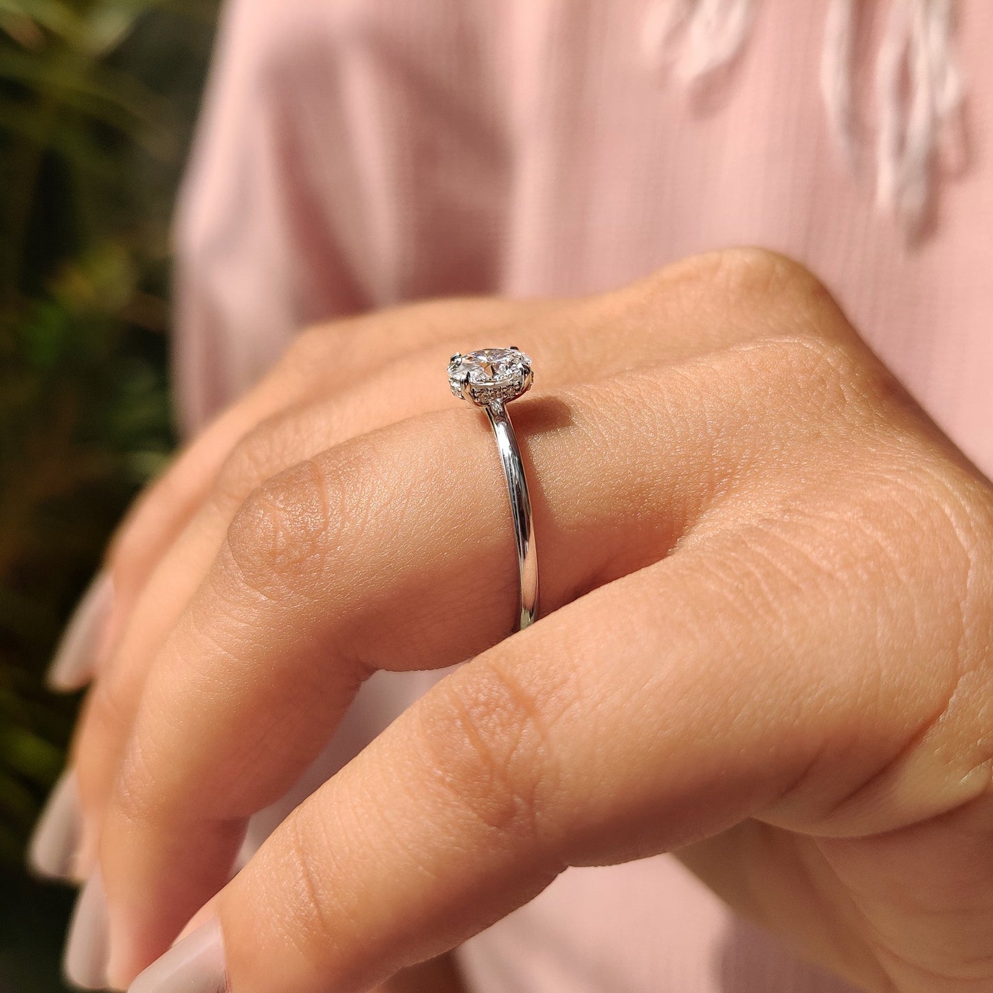 Oval Solitaire Engagement Ring With Hidden Halo