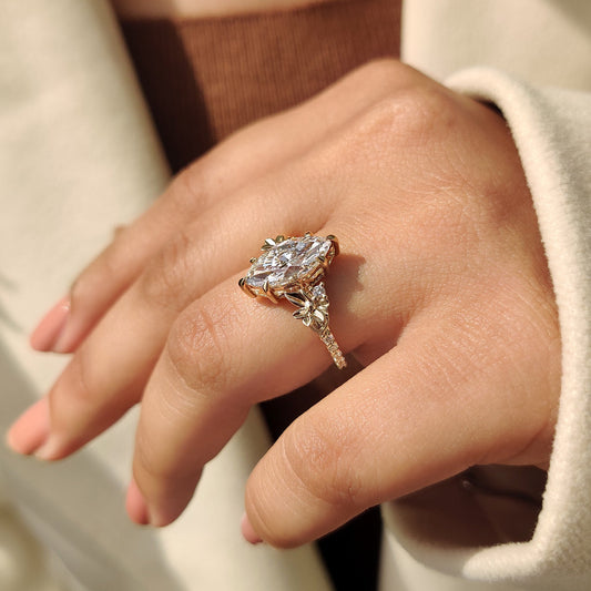 Nature Inspired Art Deco Marquise Ring With Yellow Gold