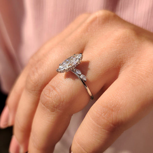 Marquise Cut Diamond Engagement Ring In Hidden Halo Style