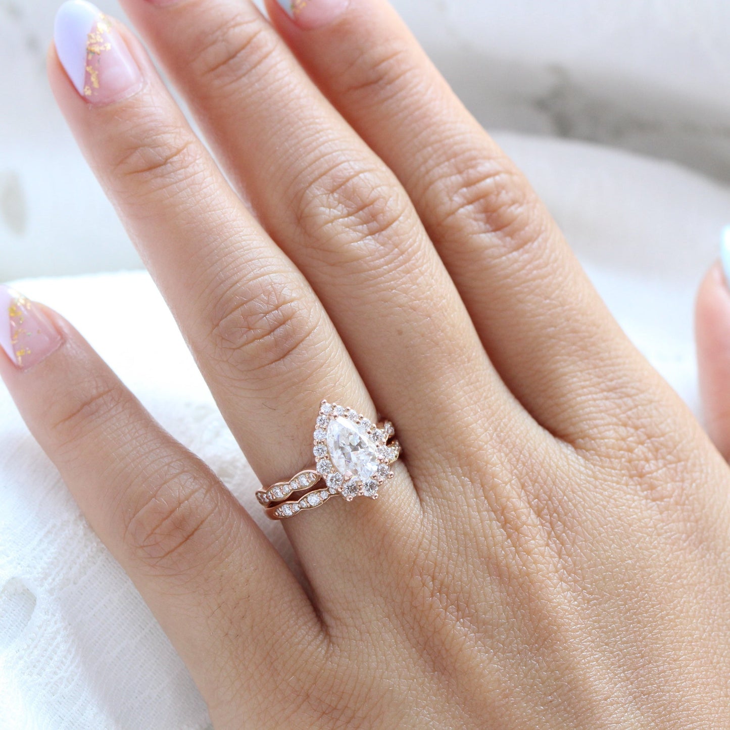 1.5 CT Pear Cut Curved Pave Moissanite Bridal Ring Set