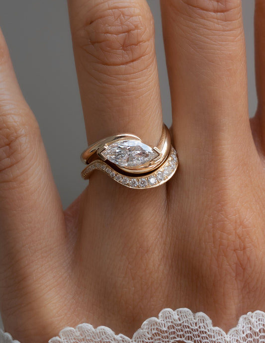 1.5 CT East-West Marquise Moissanite Engagement Ring with Bold Pave Stacking Band