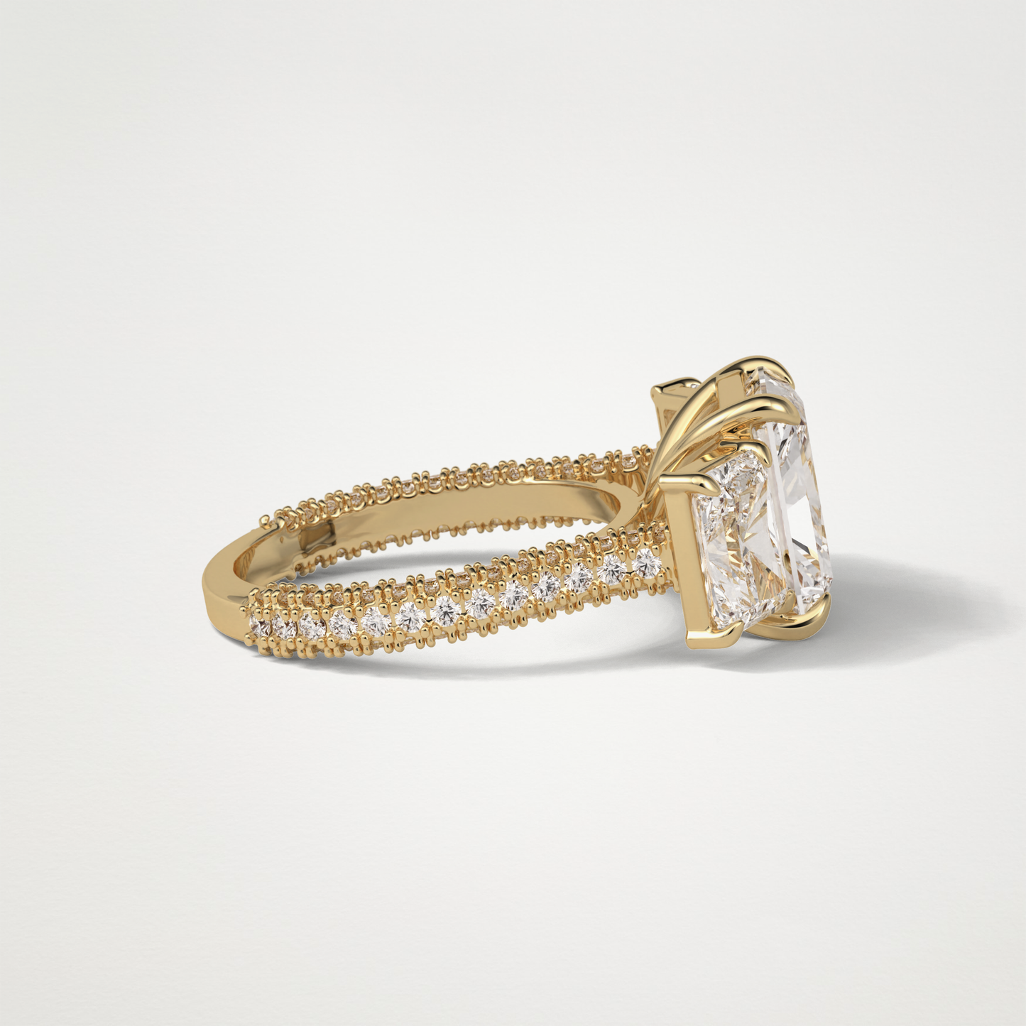 Radiant 3 Stone & Pave Moissanite Engagement Ring – 3.51 CT Lab-Created Brilliance in 10K/14K/18K Gold