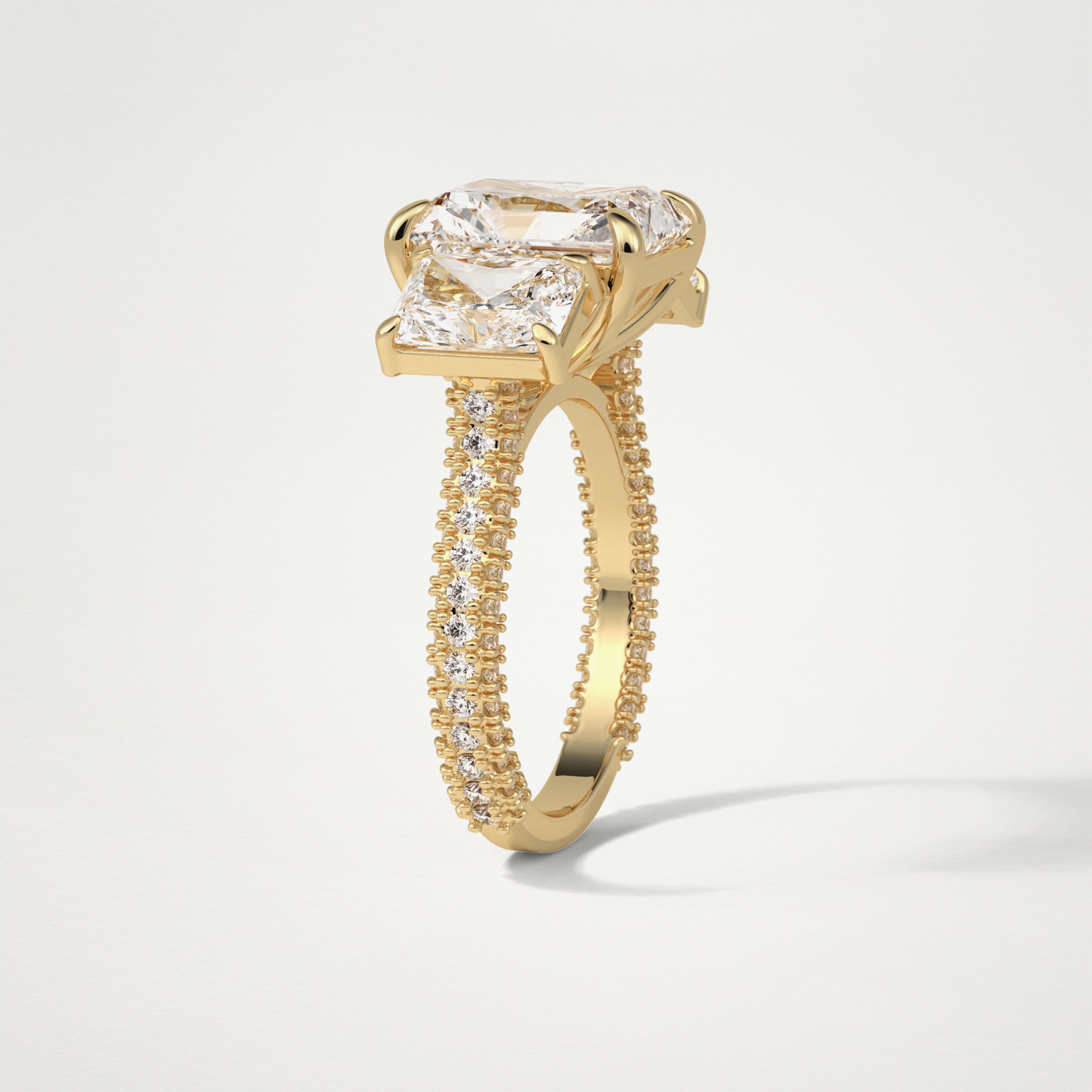 Radiant 3 Stone & Pave Moissanite Engagement Ring – 3.51 CT Lab-Created Brilliance in 10K/14K/18K Gold