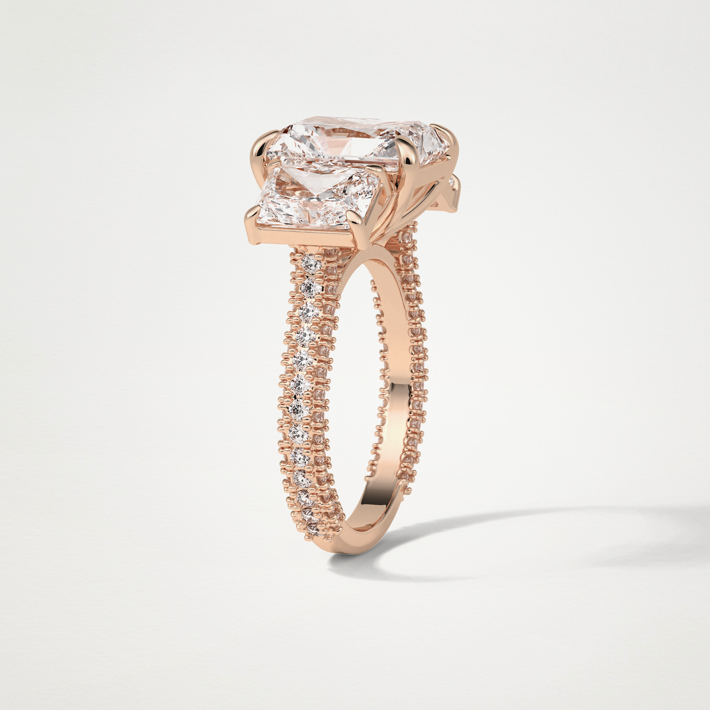Radiant 3 Stone & Pave Moissanite Engagement Ring – 3.51 CT Lab-Created Brilliance in 10K/14K/18K Gold