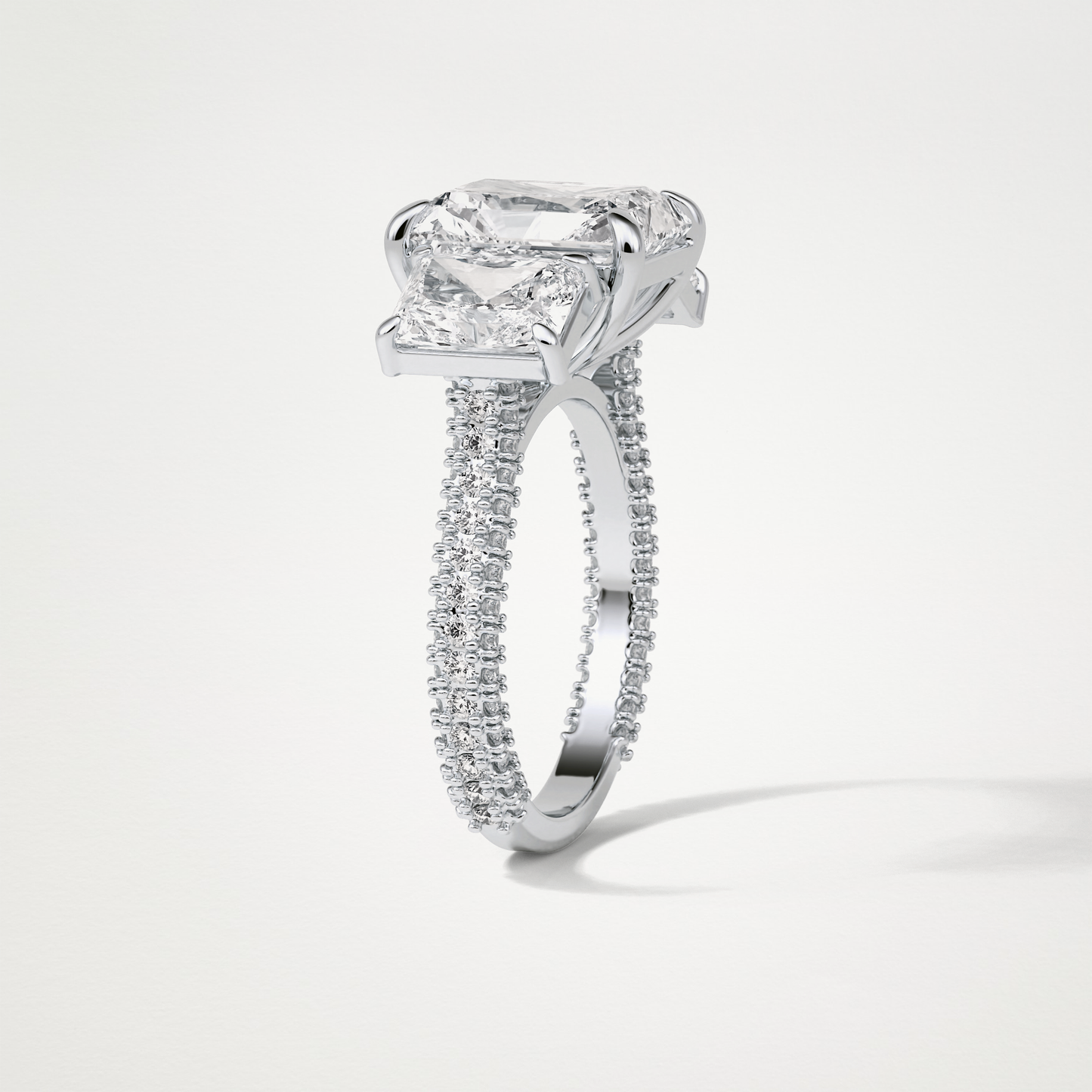 Radiant 3 Stone & Pave Moissanite Engagement Ring – 3.51 CT Lab-Created Brilliance in 10K/14K/18K Gold