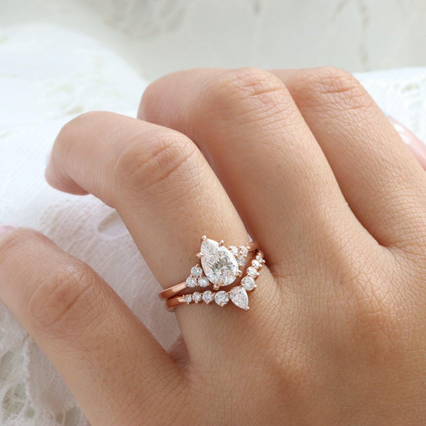 1.2 CT Pear Cut Cluster Moissanite Bridal Ring Set