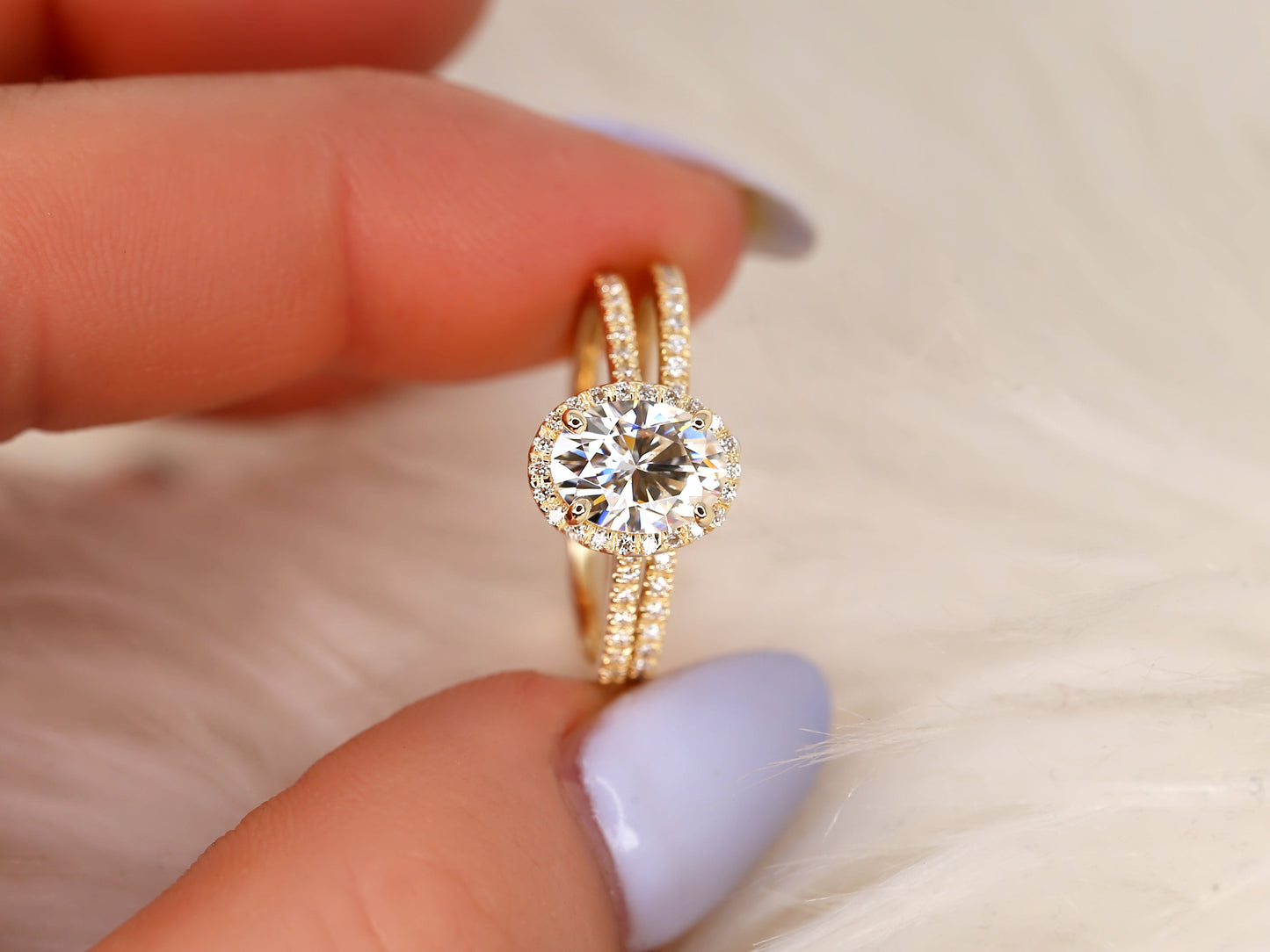1.5 CT Oval Cut Halo & Pave Moissanite Bridal Ring Set