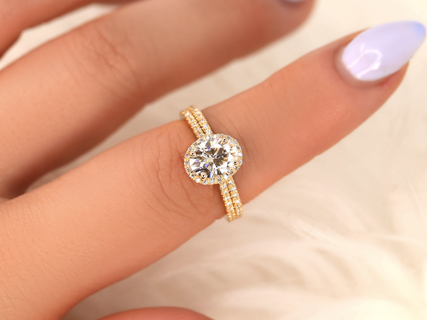 1.5 CT Oval Cut Halo & Pave Moissanite Bridal Ring Set