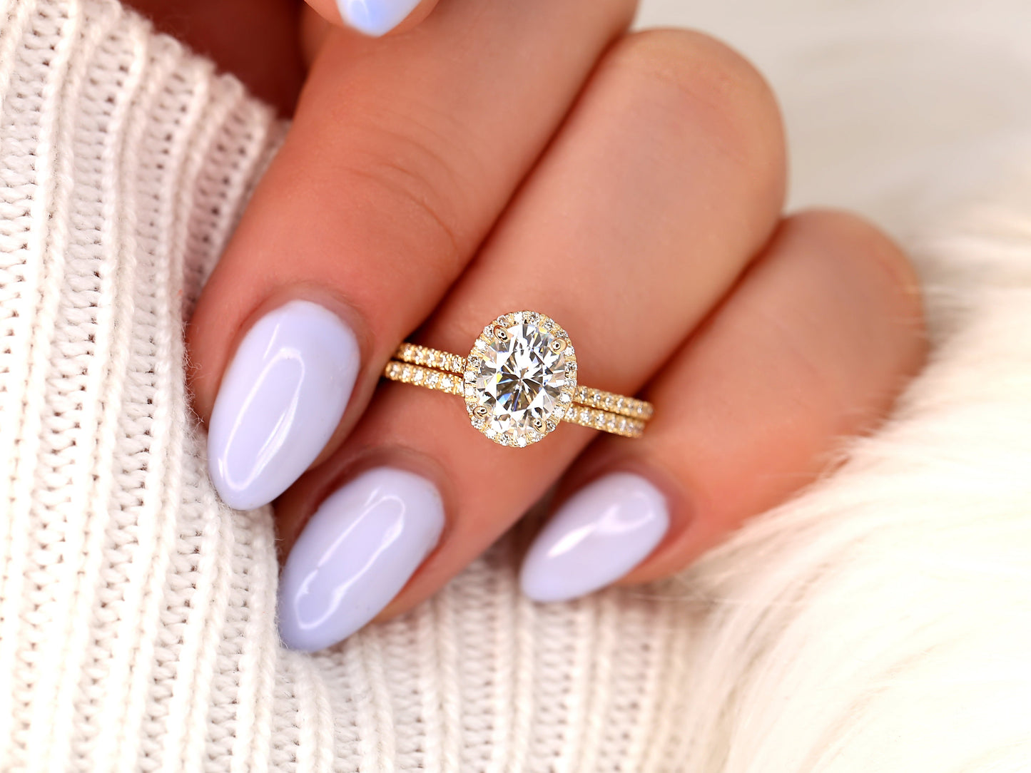 1.5 CT Oval Cut Halo & Pave Moissanite Bridal Ring Set