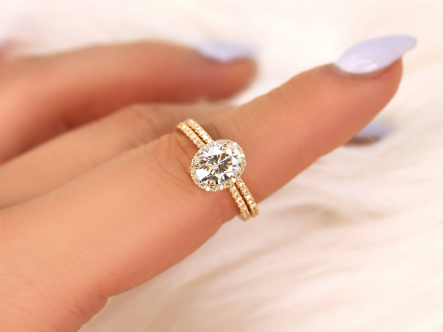 1.5 CT Oval Cut Halo & Pave Moissanite Bridal Ring Set
