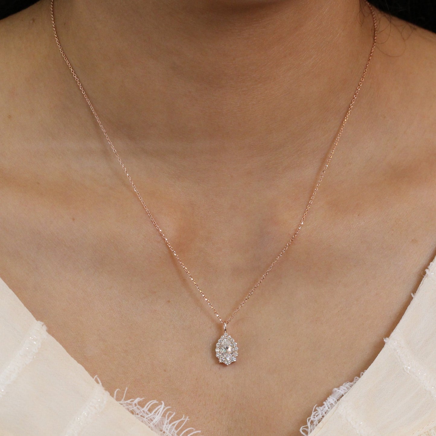 1.17 CT Pear Halo Moissanite Diamond Necklace in Solid Gold