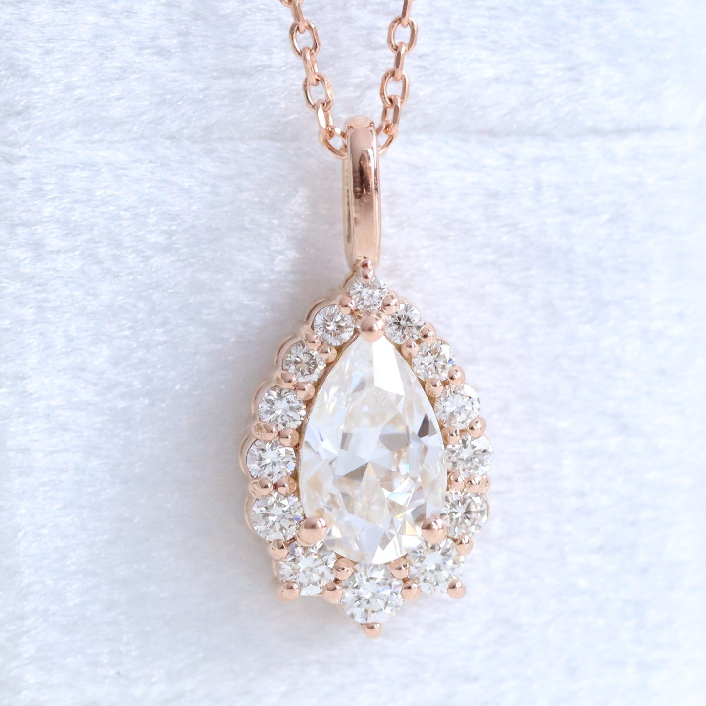 1.17 CT Pear Halo Moissanite Diamond Necklace in Solid Gold