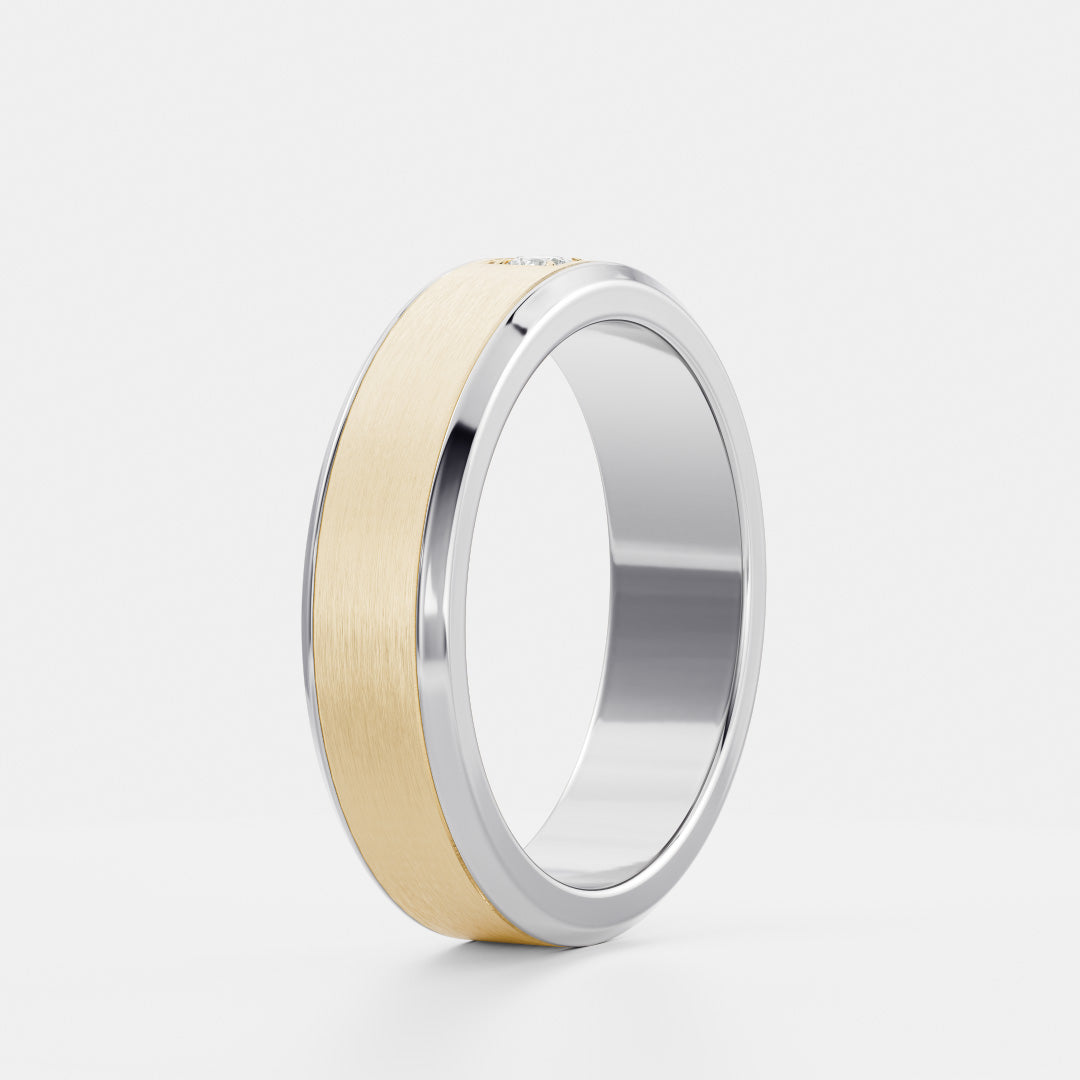 Round Brilliant Inlay Brushed Men's Gold Wedding Band