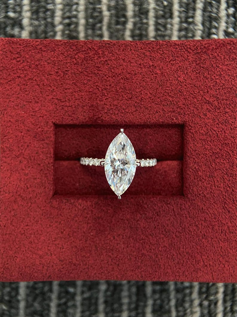 Marquise Shaped Three Stone Lab Grown Diamond Engagement Ring