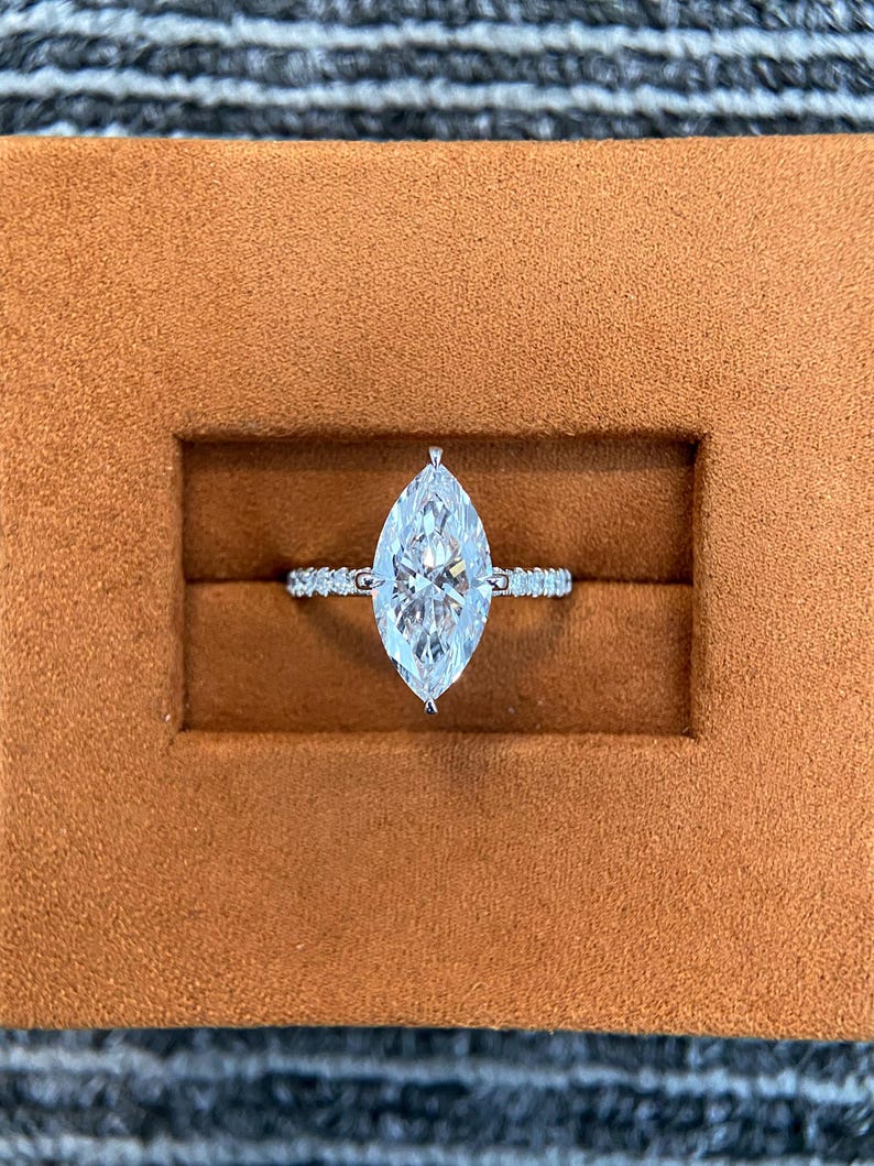 Marquise Shaped Three Stone Lab Grown Diamond Engagement Ring