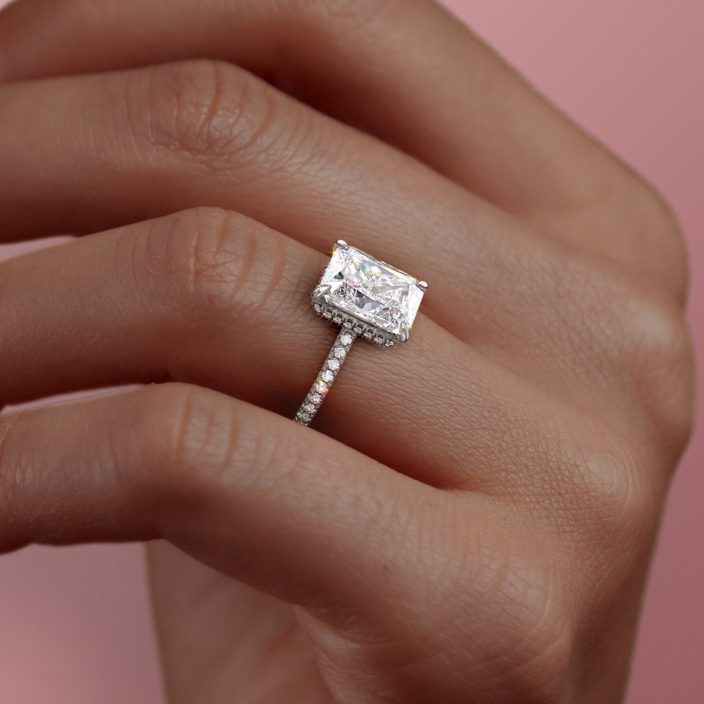 3.5 CT Radiant Hidden Halo Pave Moissanite Engagement Ring 8
