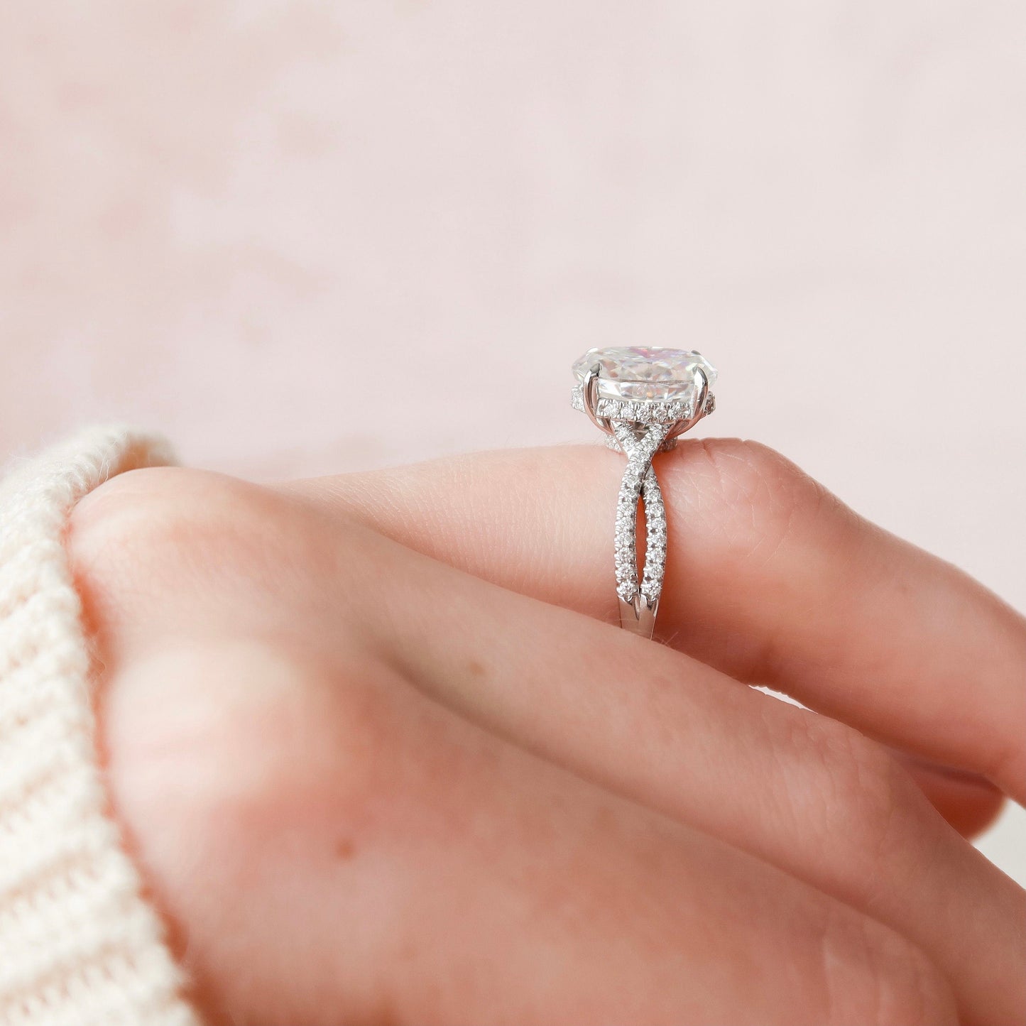 3.0 CT Oval Cut Hidden Halo Criss Cross Pave Moissanite Engagement Ring 6
