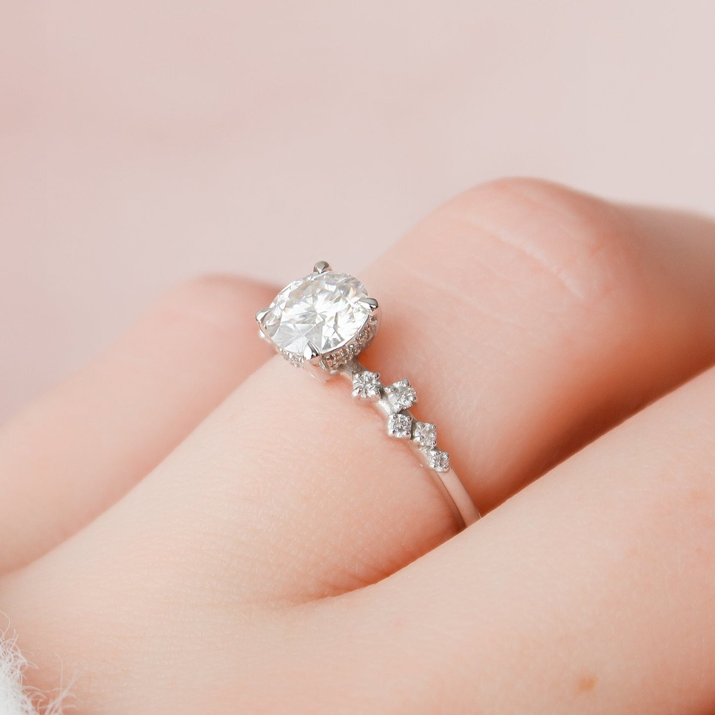1.0 CT Round Hidden Halo Pave Style Moissanite Engagement Ring 10