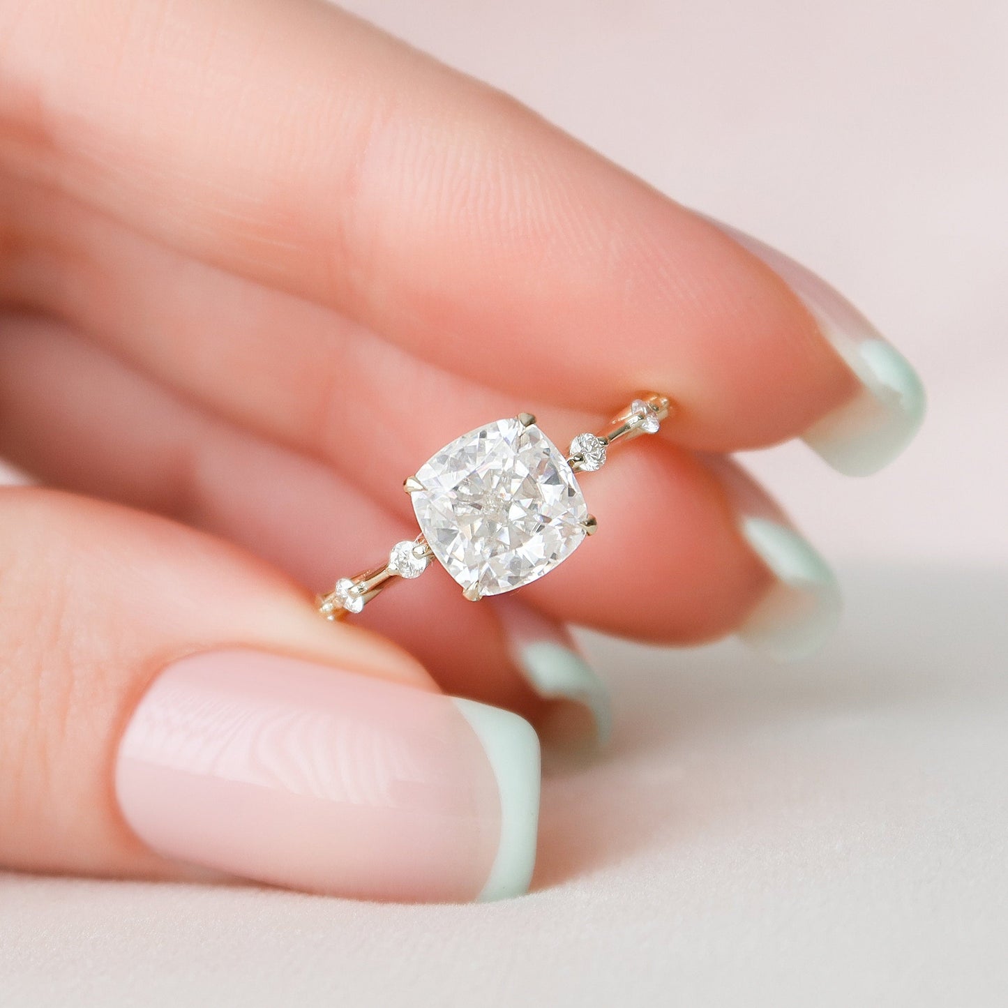 2.0 CT Cushion Dainty Pave Moissanite Engagement Ring 1