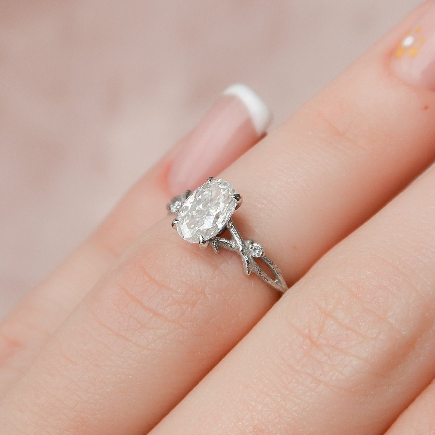 1.0 CT Oval Cut Twig Pave Moissanite Engagement Ring 5