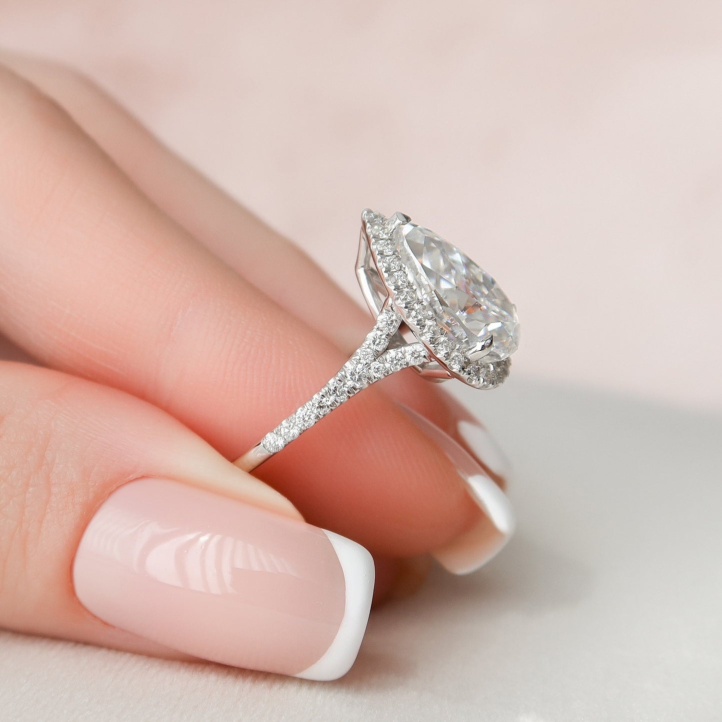 3.0 CT Pear Halo & Pave Split Shank Moissanite Engagement Ring 8
